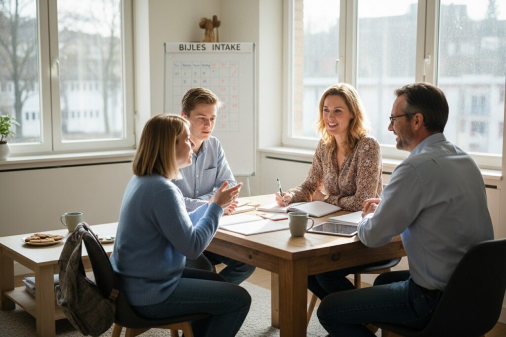 Een gezin voert een gesprek met een begeleider aan een tafel tijdens een bijlesintake.